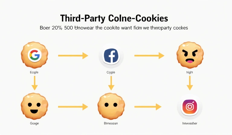 Ilustración de múltiples cookies con logotipos de diferentes servicios web, como Google y redes sociales