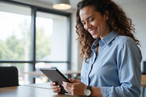 Mujer sonriendo mientras revisa un calendario en una tablet, representando la facilidad de agendar citas.