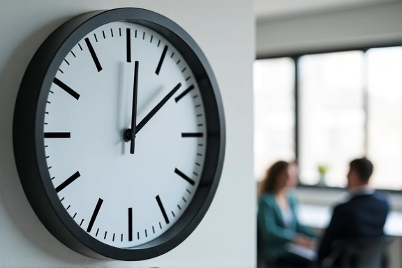 Reloj de pared moderno con manecillas marcando una hora de trabajo, rodeado de un ambiente de oficina limpio y organizado.