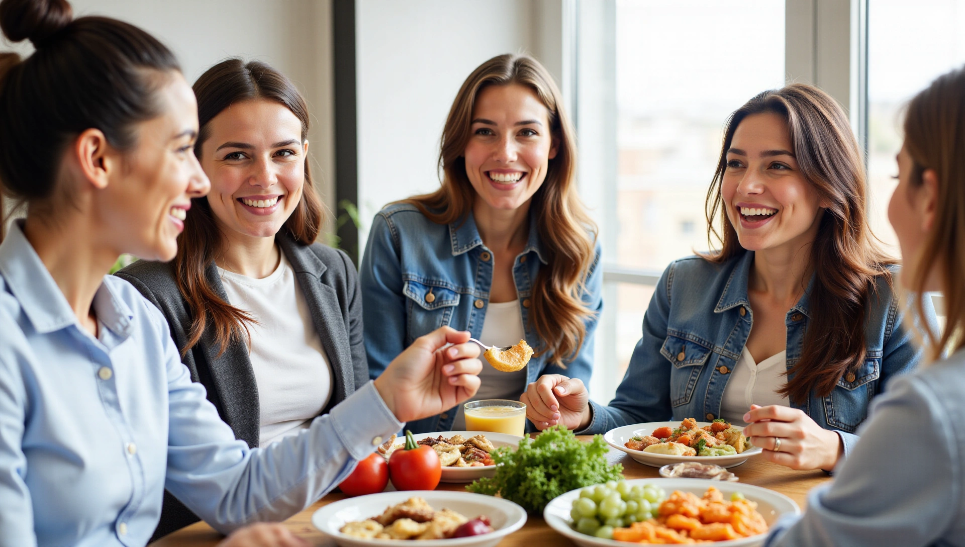 Fondo de personas sonriendo y comiendo alimentos saludables