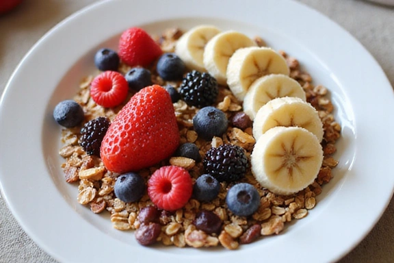 Imagen de un plato de desayuno saludable con frutas y avena