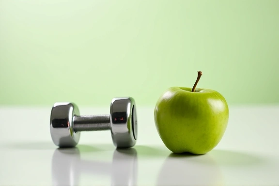 Imagen de pesas y una manzana, simbolizando nutrición y ejercicio