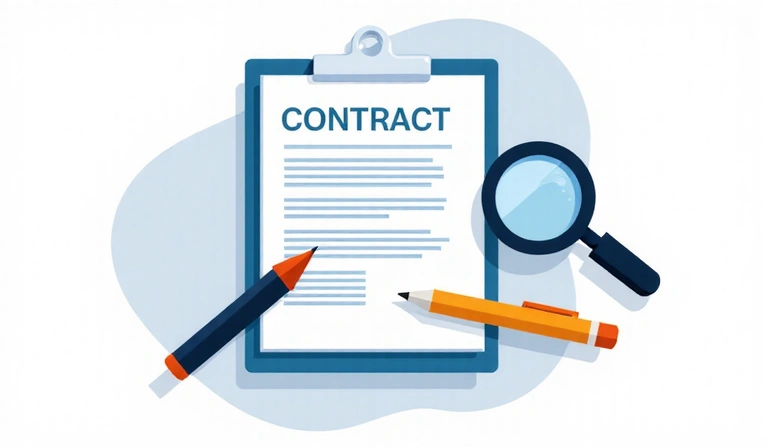 Ilustración de un contrato o documento legal con un bolígrafo y lupa, simbolizando la lectura de términos y condiciones.