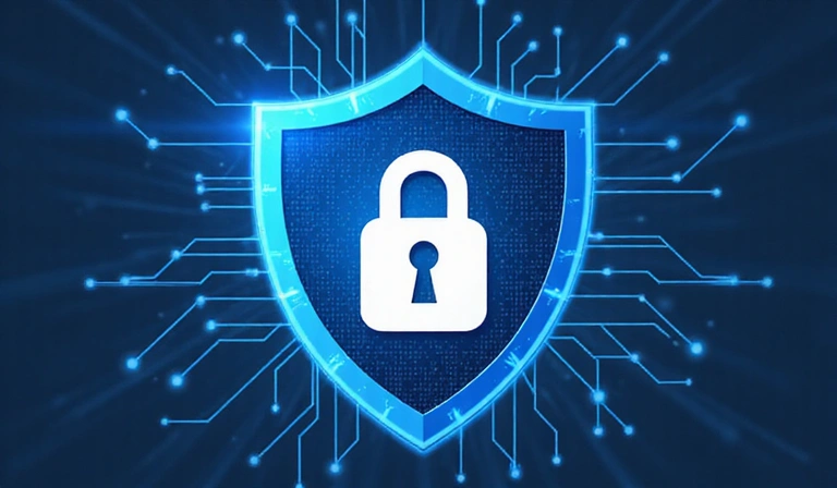 Ilustración de seguridad de datos con un candado y un escudo digital.