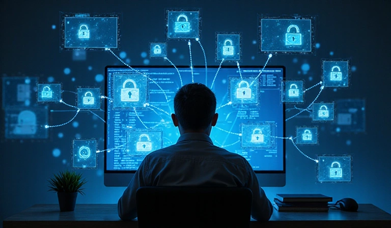Una persona navegando de forma segura en una computadora, con múltiples capas de seguridad digital.