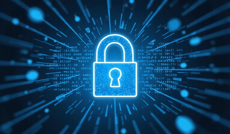 Ilustración de seguridad de datos con un candado y datos digitales flotando alrededor.
