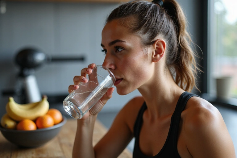 Atleta femenino bebiendo agua después de un entrenamiento intenso, con equipo deportivo y frutas energéticas en el fondo.