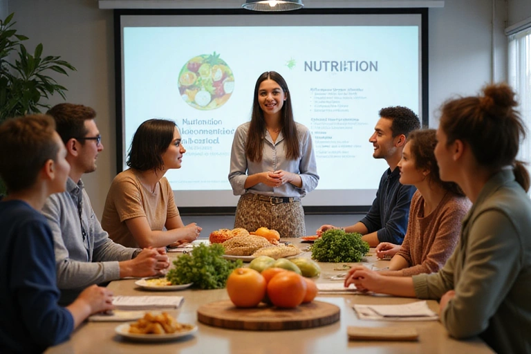 Grupo de personas participando activamente en un taller de nutrición, con un nutricionista presentando y alimentos saludables en la mesa.