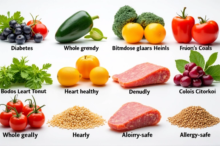 Mesa con una variedad de alimentos saludables y etiquetas que representan diferentes condiciones de salud como 'Diabetes', 'Corazón', 'Alergias'.