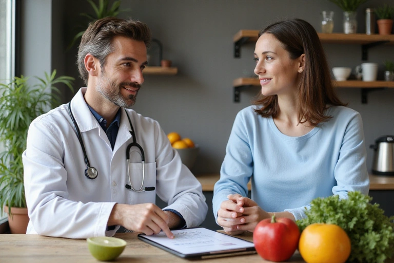 Nutricionista realizando una consulta personalizada con una paciente, mostrando gráficos y explicando un plan de alimentación.