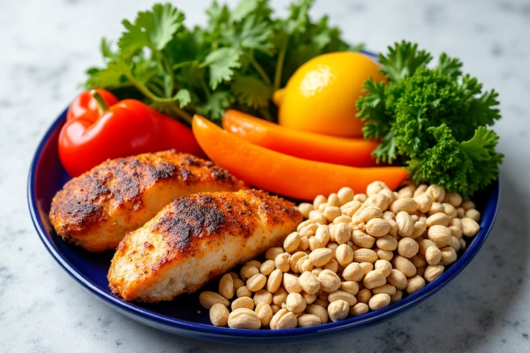 Variedad de alimentos saludables en un plan de alimentación, incluyendo frutas, verduras, proteínas magras y granos enteros, dispuestos de forma atractiva.