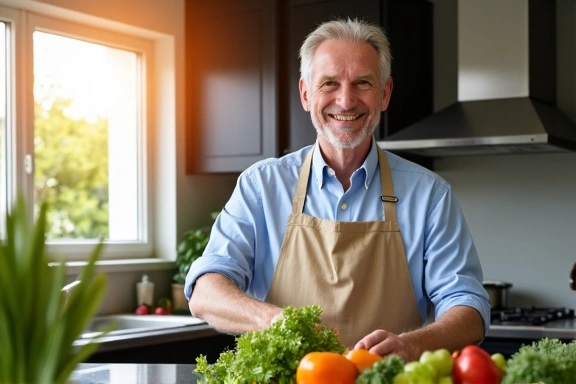 Hombre mayor cocinando alimentos saludables